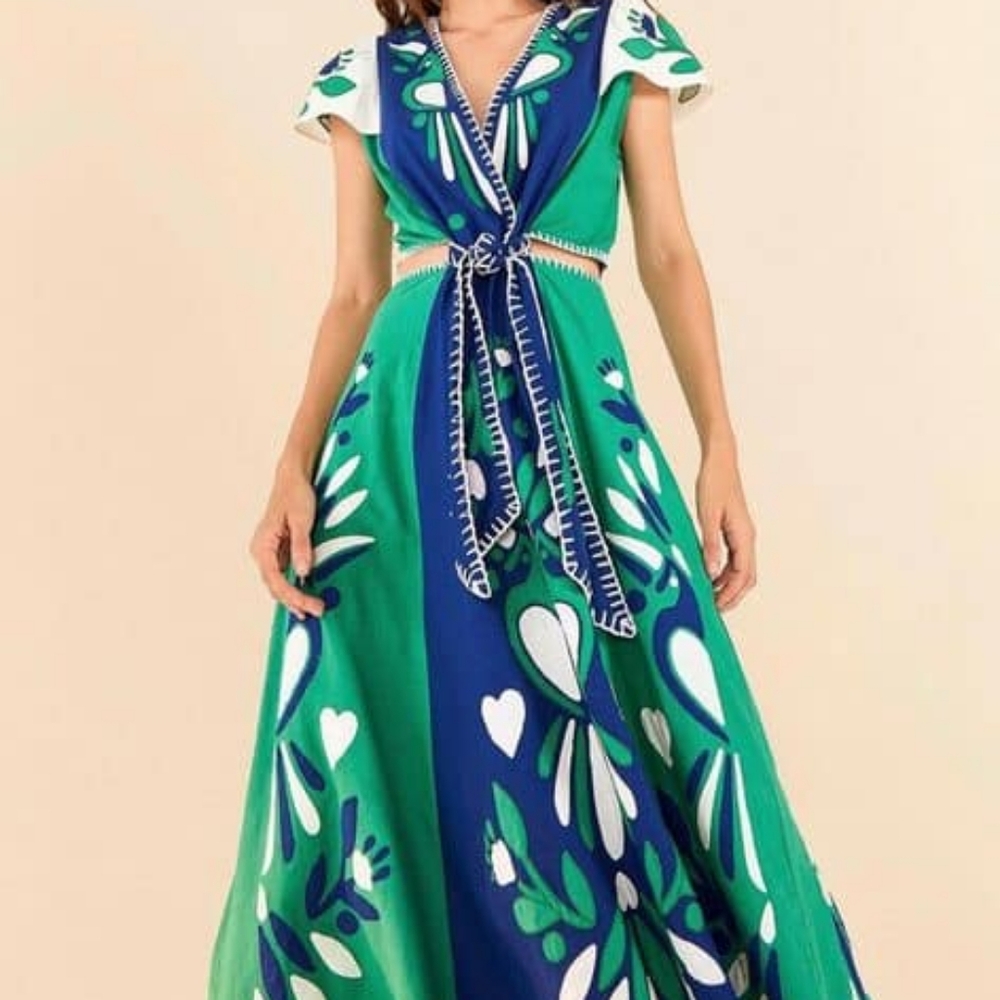 FARM RIO Elegant Green and Blue Floral Maxi Dress Size Medium New With Tags